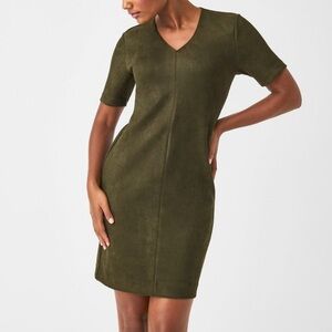 SPANX Faux Suede Column Dress EUC Olive Size M